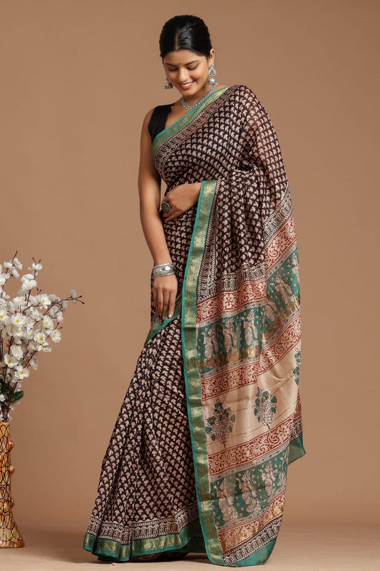 Handwoven Maheshwari Silk Bagru Print Saree ( MS71001 )
