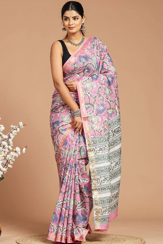 Handwoven Maheshwari Silk Bagru Print Saree ( MS71003)