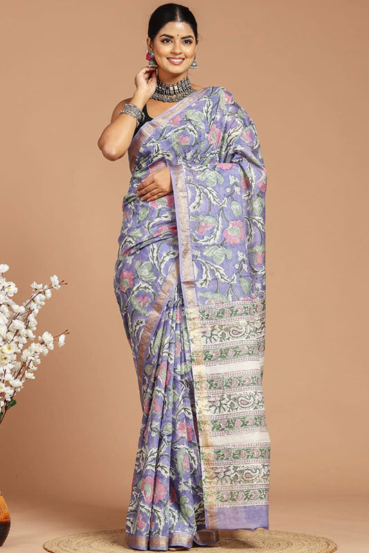 Handwoven Maheshwari Silk Bagru Print Saree ( MS71004)