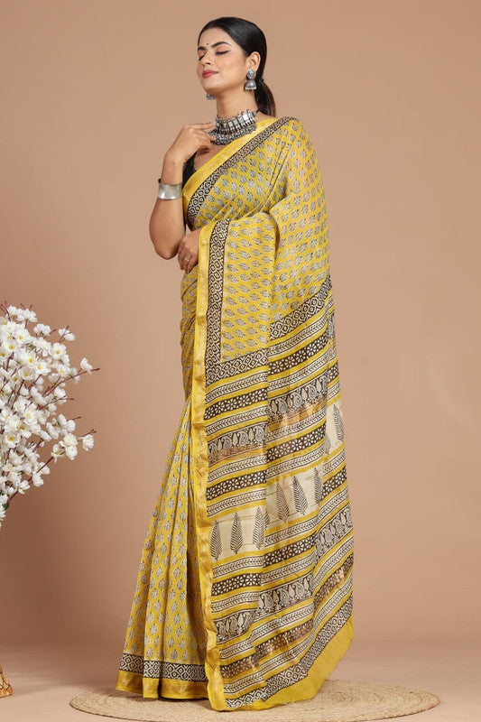 Handwoven Maheshwari Silk Bagru Print Saree ( MS71018)