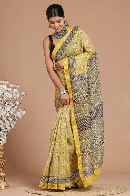 Handwoven Maheshwari Silk Bagru Print Saree ( MS71019)