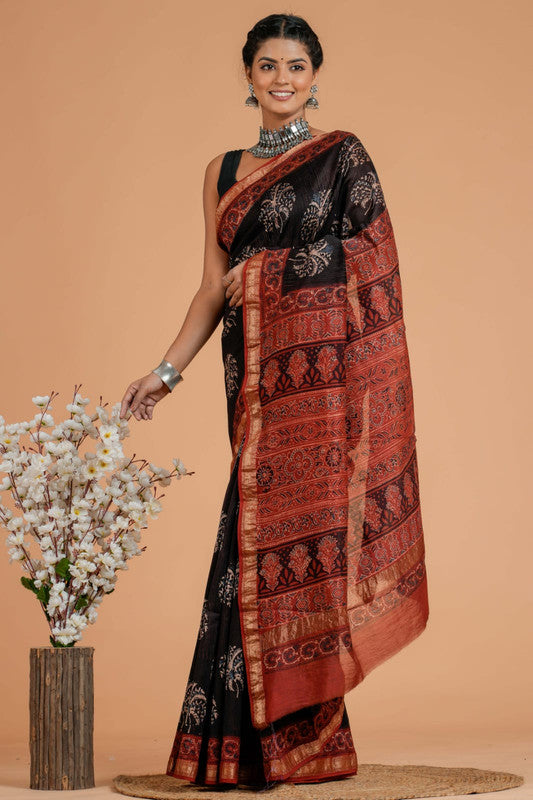 Ajrakh Printed Maheshwari Silk Saree ( AM171050)