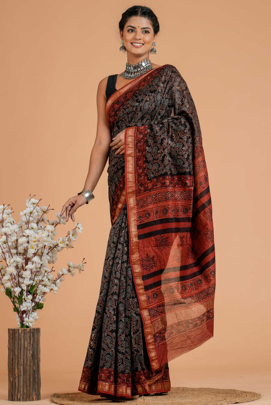 Ajrakh Printed Maheshwari Silk Saree ( AM171045)