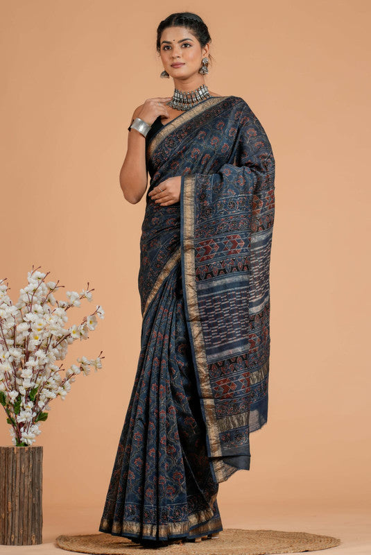 Ajrakh Printed Maheshwari Silk Saree ( AM171046)