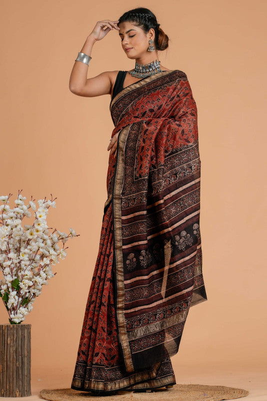 Ajrakh Printed Maheshwari Silk Saree ( AM171043)