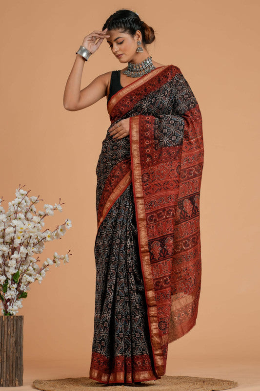 Ajrakh Printed Maheshwari Silk Saree ( AM171041)