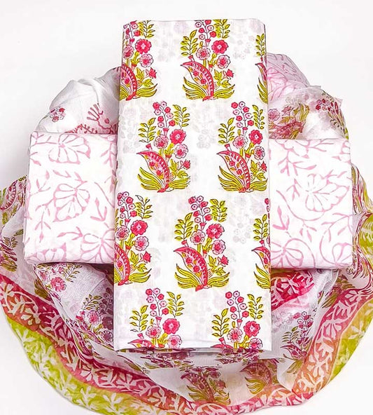 Elegant Floral Cotton Suit with Chiffon Dupatta ( CH12701)