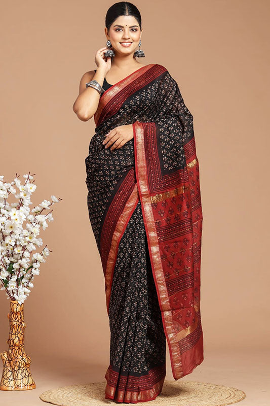 Handwoven Maheshwari Silk Bagru Print Saree ( MS81123)