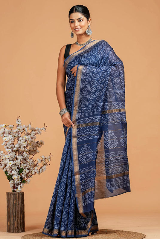 Handwoven Maheshwari Silk Bagru Print Saree ( MS231003)