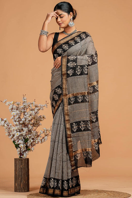 Handwoven Maheshwari Silk Bagru Print Saree ( MS231001)