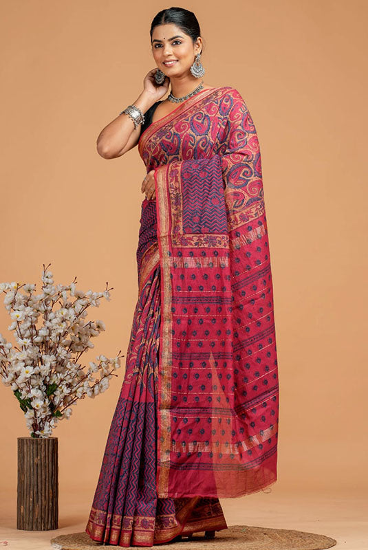 Handwoven Maheshwari Silk Bagru Print Saree ( MS231004)
