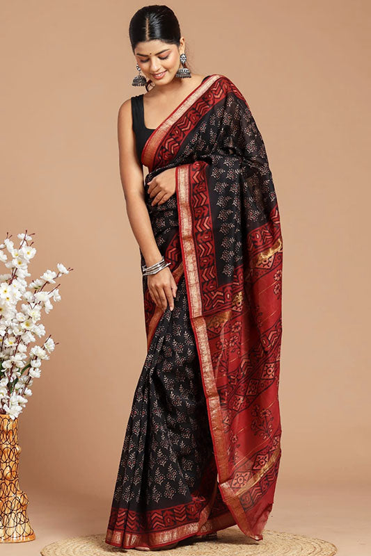 Handwoven Maheshwari Silk Bagru Print Saree ( MS71010)