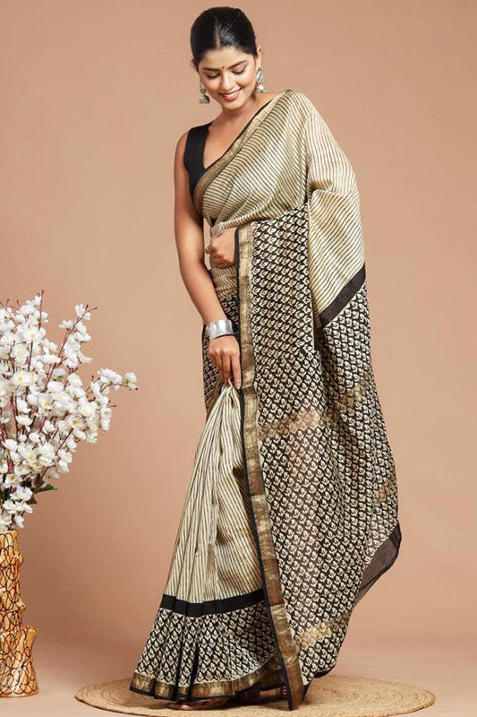 Handwoven Maheshwari Silk Bagru Print Saree ( MS71005)