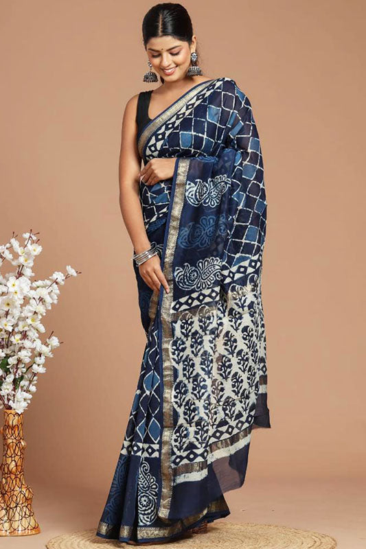 Handwoven Maheshwari Silk Bagru Print Saree ( MS81130)