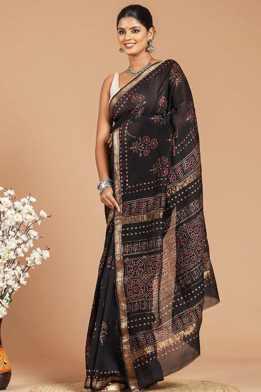 Handwoven Maheshwari Silk Bagru Print Saree ( MS81128)