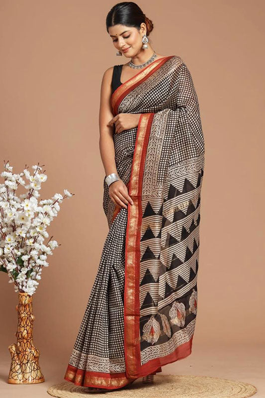 Handwoven Maheshwari Silk Bagru Print Saree ( MS81126)