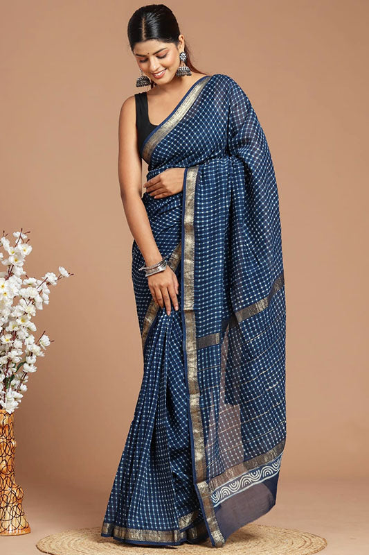 Handwoven Maheshwari Silk Bagru Print Saree ( MS71007)