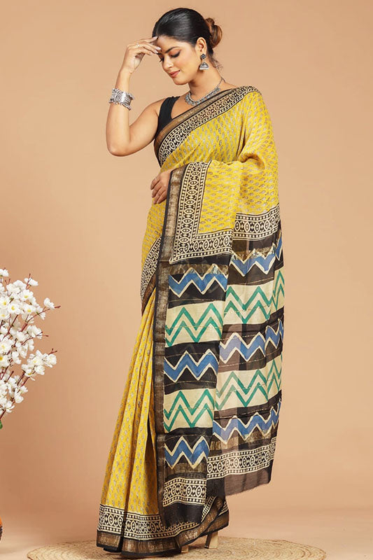 Handwoven Maheshwari Silk Bagru Print Saree ( MS71009)