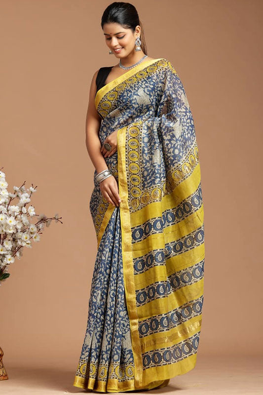 Handwoven Maheshwari Silk Bagru Print Saree ( MS71012)