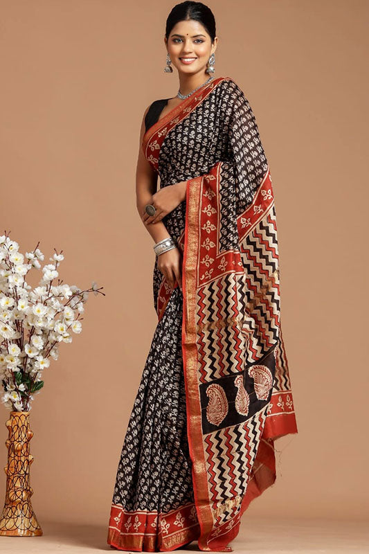 Handwoven Maheshwari Silk Bagru Print Saree ( MS81129)
