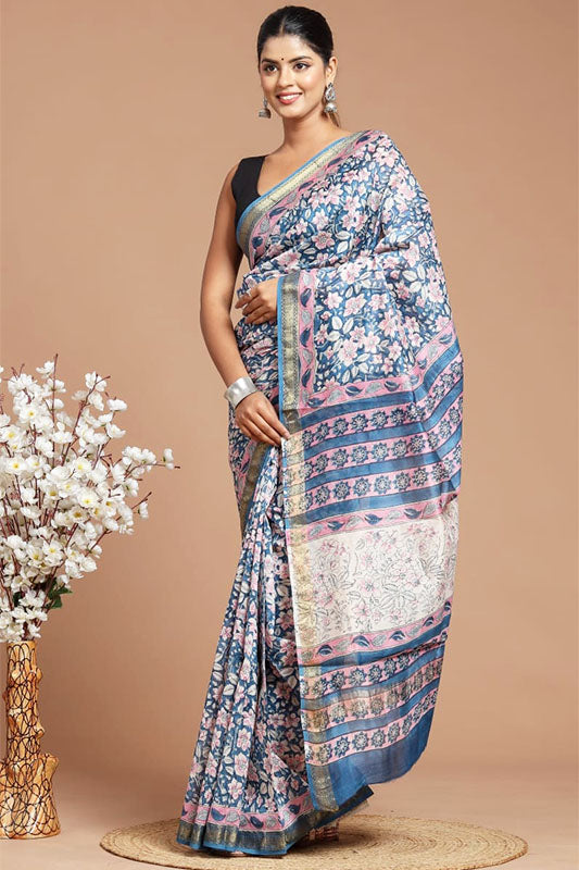 Handwoven Maheshwari Silk Bagru Print Saree ( MS71013)