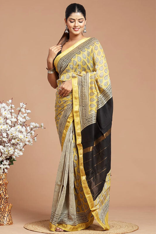 Handwoven Maheshwari Silk Bagru Print Saree ( MS71016)