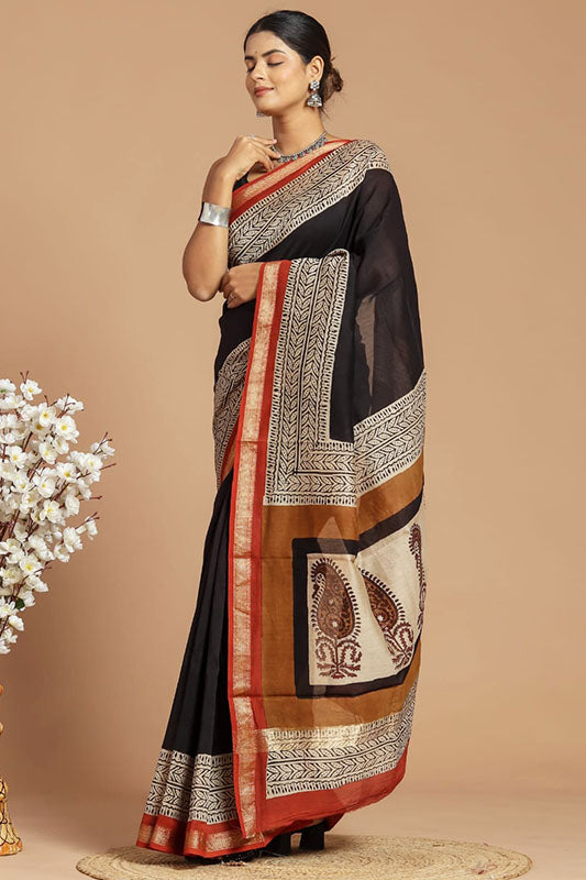 Handwoven Maheshwari Silk Bagru Print Saree ( MS71017)