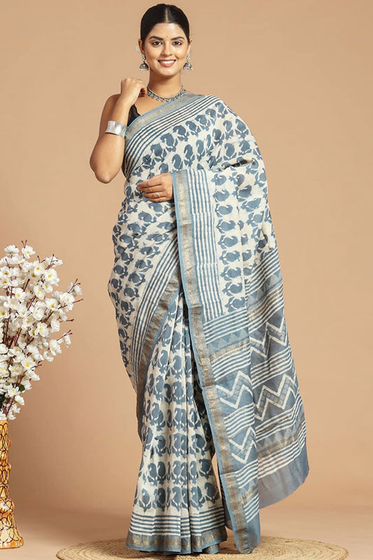 Handwoven Maheshwari Silk Bagru Print Saree ( MS18111)