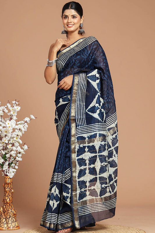 Handwoven Maheshwari Silk Bagru Print Saree ( MS81127)