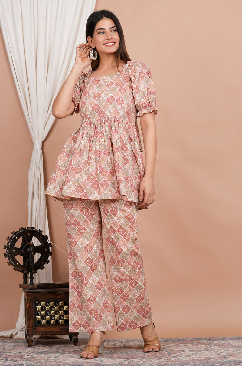 Traditional Print Beige Co-Ord Set