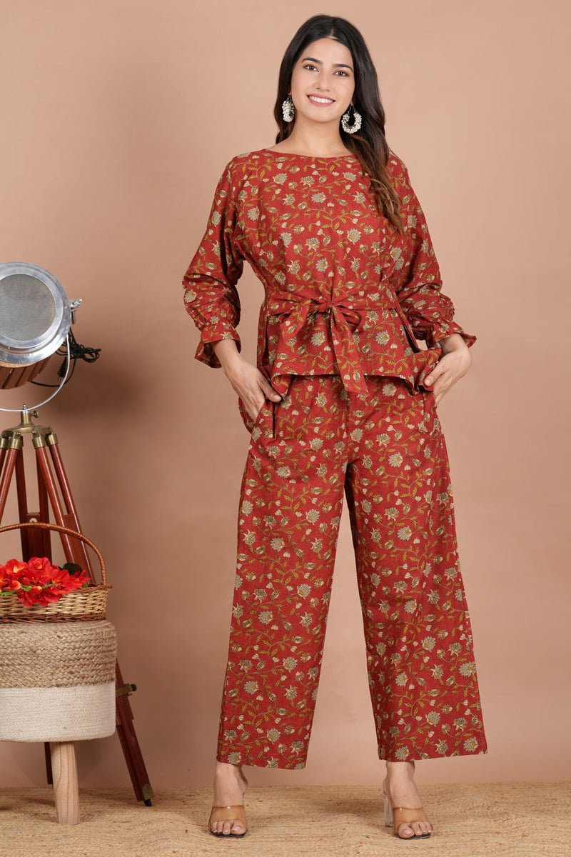 Artistic Brick Red Floral Co-Ord Set