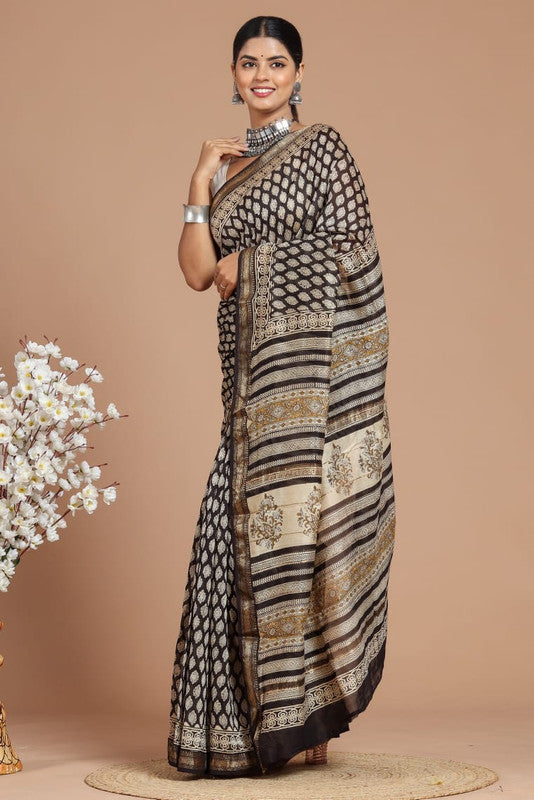 Handwoven Maheshwari Silk Bagru Print Saree ( MS1201 )