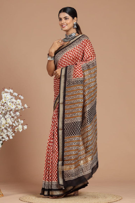 Handwoven Maheshwari Silk Bagru Print Saree ( MS1202 )