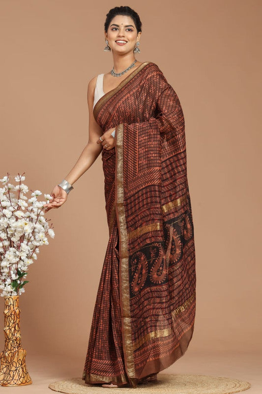 Handwoven Maheshwari Silk Bagru Print Saree ( MS1208 )